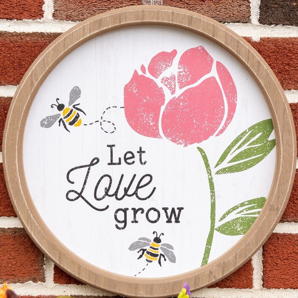 FARMHOUSE Home Decor Let Love Grow Honey Bees & Flowers 11.5" Round Wall Plaque